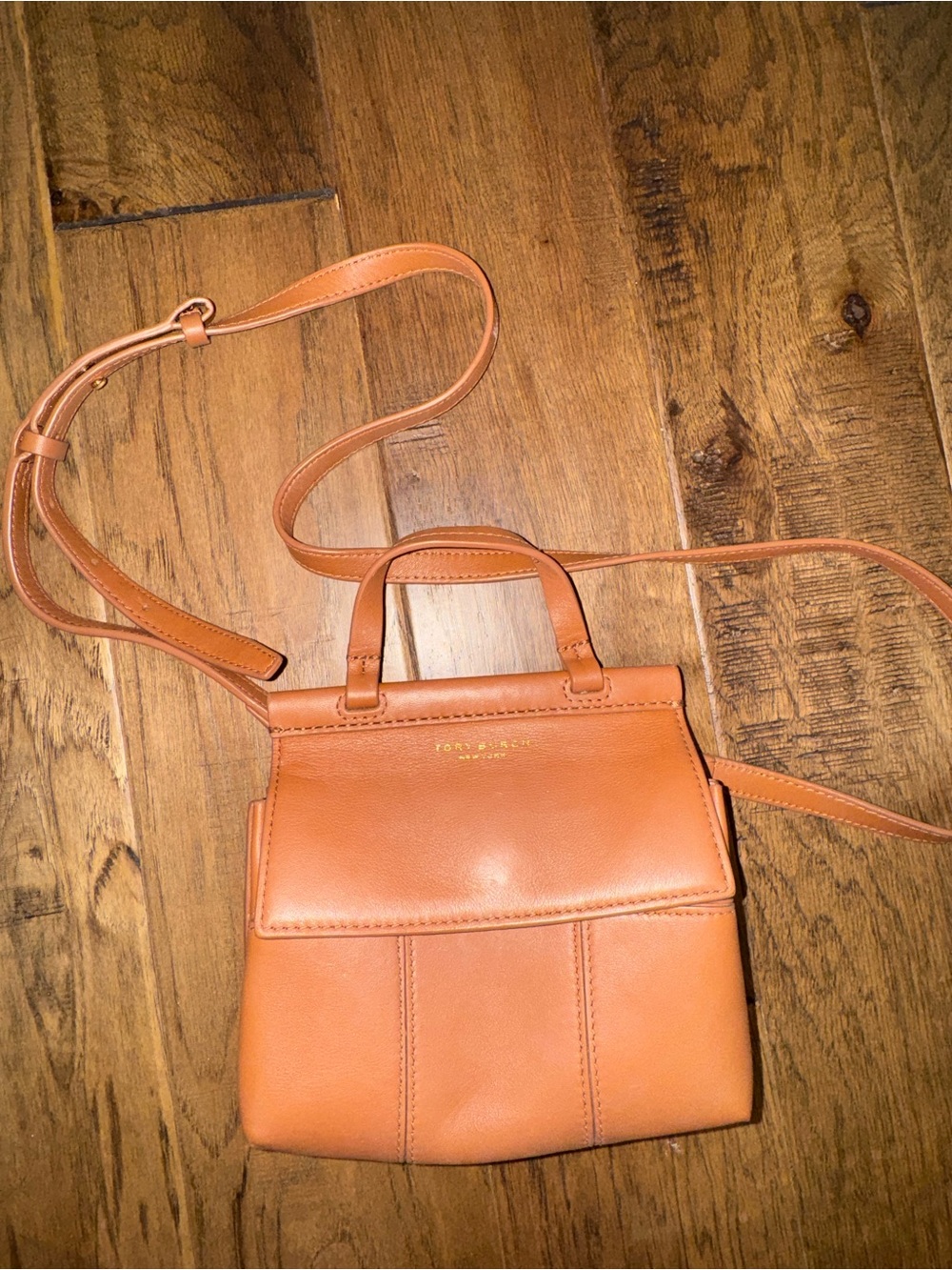 Tory Burch Mini Satchel Crossbody Bag Cognac Brown Gold Hardware
